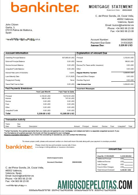 Extrato de hipoteca do banco Bankinter da Espanha em formatos Word e PDF exemplo